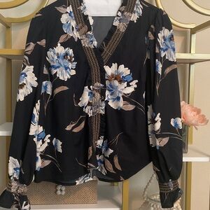Entro Black Floral Blouse with Blue and White Accents